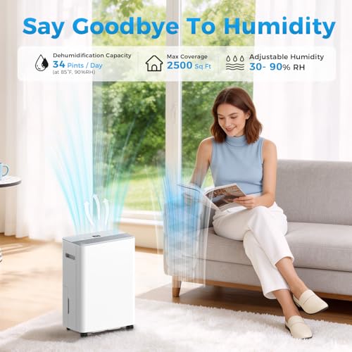Image of 2500 sq.ft Dehumidifier for Home and Basement,Max 34 Pints Dehumidifier with Drain Hose,Ultra Quiet with Auto Defrost,Three Modes,Intelligent Dehumidifier for Bedroom,Bathroom,Large Room(Cream)