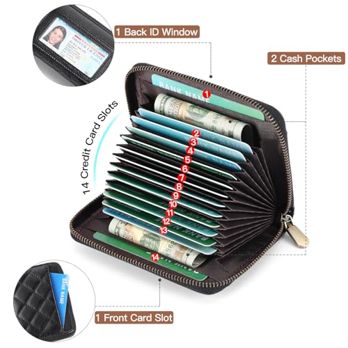 Women Wallet 14 Slot Organizer Card Holder Compact RFID Blocking Zipper Pocket Vintage Floral Design Small Purse for Credit Cards ID Cash Travel Everyday Essentials 5