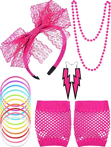 MEISO 16 Pièces Accessoire Annee 80 Neon Lace Bracelet Boucles d'oreilles Gants en Résille Collier Bracelet pour Retro Fashion Années 80 Costume De Fête Accessoires Set Dames et Filles (rose) Cover