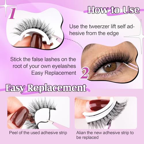 wiwoseo Self Adhesive Eyelashes No Glue Needed False Lashes Natural Look Lash Extensions Reuseable Self Adhesive Lashes Waterproof Wispy Fluffy Lashes with Tweezer 3 Pairs Pack - Image 3