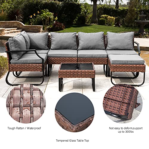 Luckwind Patio Conversation Set Sectional Sofa Couch Modern-7 Pieces All-Weather Brown Wicker Rattan Outdoor Furniture Sets Metal Frame Seating Cushion Glass Coffee Table Accend Pillow, Grey #TOP7