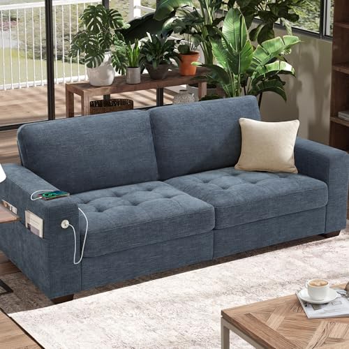 Hanherry Sofa for Living Room, Modern Comfy Sofa with Medium Firm Seat Cushion, Removable Cover,Wide Armrest,USB/Type-C Port,Chenille Fabric Couches for Small Space,Apartment (Blue, 89 inch)