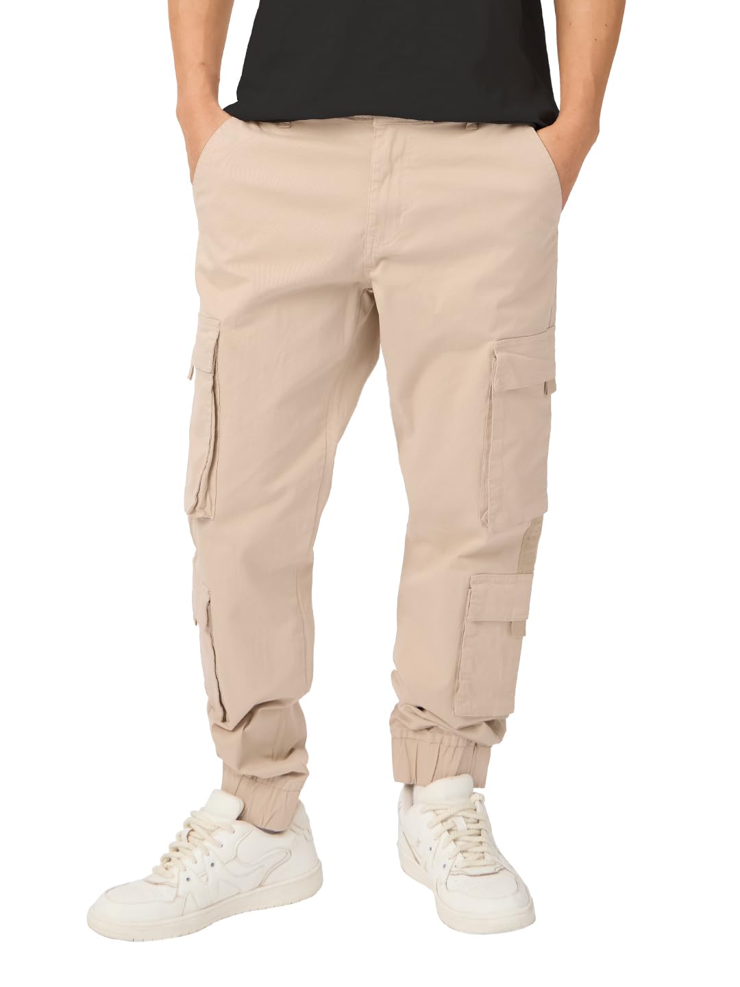 the souled store Solids: Champagne Beige Men and Boys Buttoned Cotton Straight Fit Cargo Joggers-picture-17