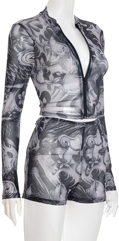 Women's Club Outfits Sexy Mesh See Through Print Zipper Top Bodycon Shorts Set Y2K Rave Night Out Streetwear - Image 8