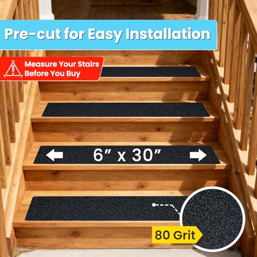LifeGrip Anti Slip Traction Treads (10-Pack), 6 inch X 30 inch, Best Grip Tape Grit Non Slip, Outdoor Non Skid Tape, High Traction Friction Abrasive Adhesive for Stairs Step, Black (6" X 30" X 10P)