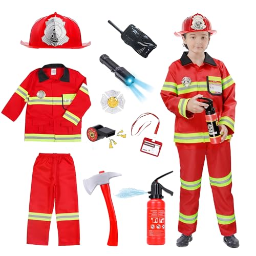 Hengrongshen Disfraz de Bombero para Niños 3 14 Años, Set de Vestido de Bombero con Casco, Extintor y Accesorios, Traje de Carnaval y Juego de Rol