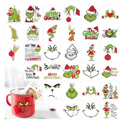Christmas Face Decal Stickers for Crafts Small Vinyl Faces Eyes Pitcher Rub on Transfers UV Decals for Ornaments Glass Drinking Cups Wood Bowl Decorations Balls Party Supplies (hand30)
