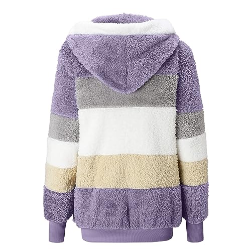 Fuzzy Fleece Jackets for Women Plus Size Hoodies Fall Winter Coats Color Block Patchwork Cardigan Coat with Pockets