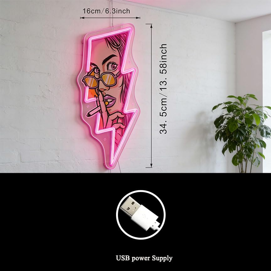 Image of Pop Art Girl Neon Sign - USB LED Lightning Bolt Shaped Night Light, Comics Style Lady with Glasses Wall Decor, Pink Hanging Lamp for Teen Girls Bedroom, Bar, Game Room, Coffee Shop, Birthday Gift (lighting)