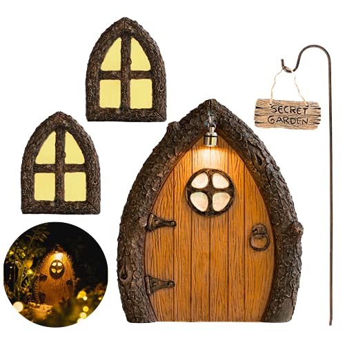 Fairy Door and Windows for Trees – Glow in The Dark Yard Art Sculpture Decoration for Kids Room, Wall and Trees Outdoor | Miniature Fairy Garden Outdoor Decor Accessories with Secret Garden Sign