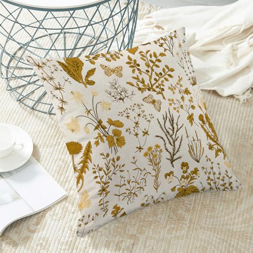 Image of AEIOAE Summer Pillow Covers 24x24 Inch Set of 2,Mustard Yellow Wild Flower Plant Throw Pillows Case,Seasonal Floral Outdoor Decorative Square Linen Farmhouse Decor Cushion Covers for Home Couch