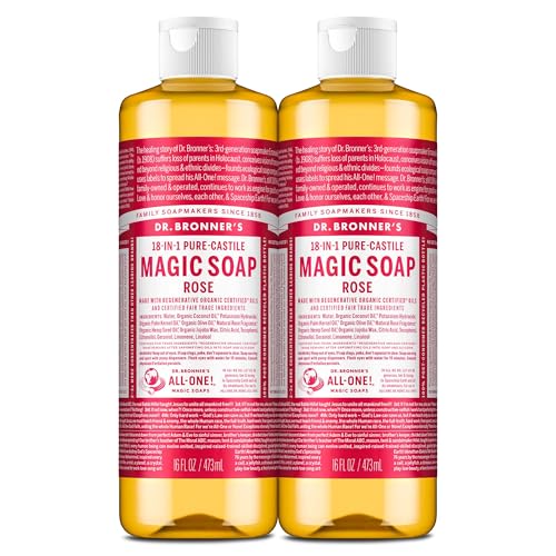 Dr. Bronner's Pure-Castile Magic Liquid Soap (Rose, 16 Ounce, 2-Pack)- Made with Regenerative Organic Certified Oils, 18-in1 Uses: Face, Hair, Hand & Body Soap, Laundry, Pets- Concentrated, Vegan