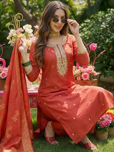 Image of INDO ERA Women's Viscose Self Design Straight Kurta with Pant & Dupatta Set