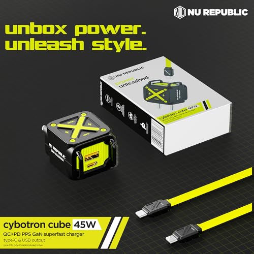Image of Nu Republic Cybotron Cube 45W GaN Charger, Dual Output Type-C & USB-A, PD PPS Fast Charging, with Cable, for Type c Devices, Black /Yellow