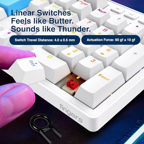 Image of FINGERS Macho-MK1 Wired Mechanical Gaming Keyboard, White + Blue | Full-Size with 104 Keys, Linear Switches, 17 RGB Modes, Multi-Function Knob, 26 Anti-Ghosting Keys
