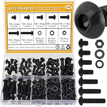 245 Pieces M5 Screws Nuts Washers Set Black, Sutemribor M5 x 6/8/10/12/16/20/25mm Button Head Socket Cap Screws Nuts Washers Assortment Kit, 10.9 Grade Alloy Steel, Fully Threaded
