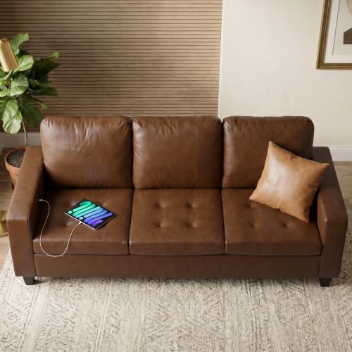 Image of STHOUYN 73 inch Modern Brown Faux Leather Sofa, Office 3 Seater Couch | STHOUYN, Comfy, Tufted Armrest, USB Charger, Living Room, Bedroom, Apartment