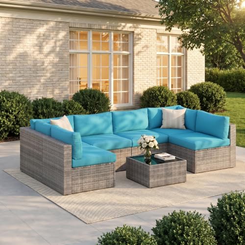 Image of Wisteria Lane 7 Pieces Outdoor Patio Furniture Set, Wicker Outdoor Patio Sectional Sofas with Coffee Table, All-Weather Patio Conversation Set for Garden Backyard, Light Blue