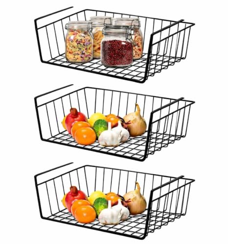 Image of Styleys Metal Wire Basket Under Cabinet Storage Organizer with Dual Fit Hook (15.5-inch, Black), 3 Pieces - S11027, Floating Shelves