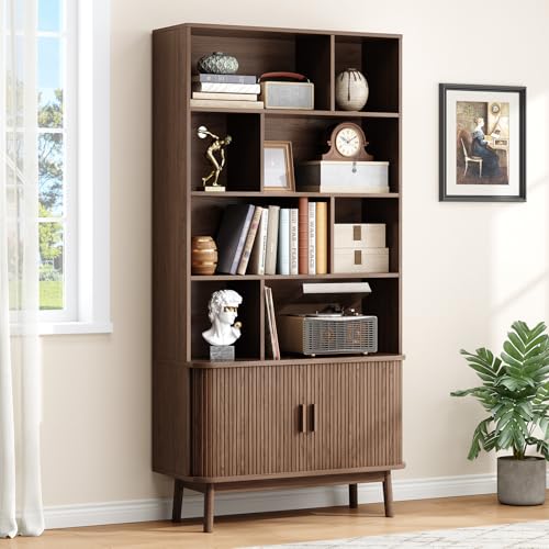 ONBRILL 71 Tall 8-Cube Storage Bookshelf 35.4 Wide Mid-Century Modern Bookcase with Sliding Door Storage Cabinet Freestanding Bookshelf with Solid Wood Feet for Home Office Living Room Walnut