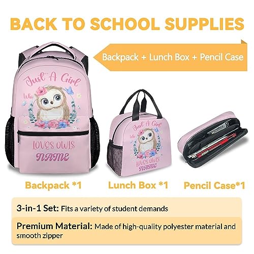 UNIKITTY Personalized Owl Backpack with LunchBox, Set of 3 School Backpacks Matching Combo, Cute Pink Bookbag and Pencil Case Bundle3