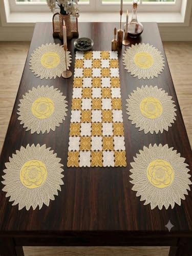 Image of Dakshya Industries PVC Waterproof Round Table Placemats & Table Runner Combo | 6 Round Mats (38 x 38 cm) + 1 Runner (91 x 33 cm) | Heat Resistant, Washable, Non Slip (Hexnova)