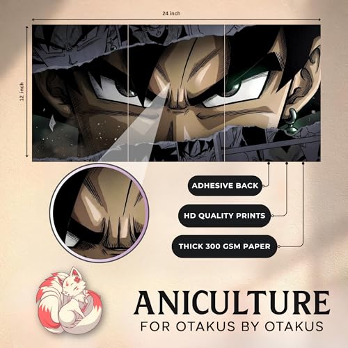 Image of Aniculture Dragon Ball Black Goku Split Poster Set of 3, A4 Size Each - Panoramic Anime Wall Art Collage - 300 GSM Ultra HD Print Quality - Self-Adhesive - 24 x12 Inches Large Decor