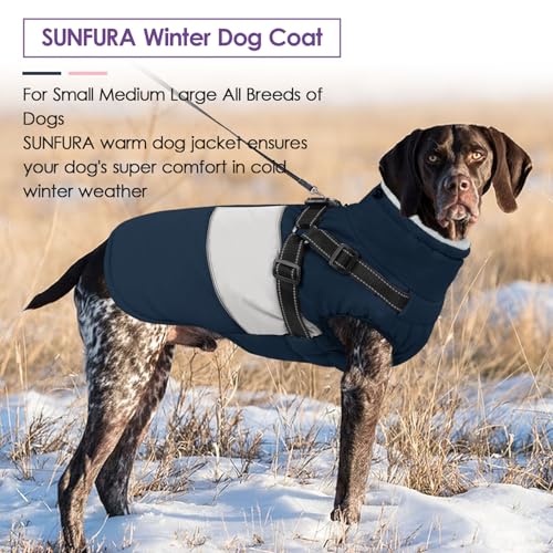 Image of Dog Jacket, Large Dog Coat with Harness Built in, Warm Pet Winter Jacket Zippered Snow Coat with Furry Collar, Waterproof Fleece Snowsuit for French Bulldog, Navy Blue L
