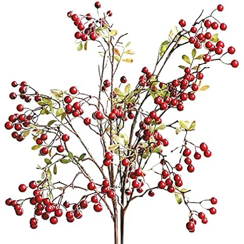SouiWuzi Artificial Red Berries Stems, 2Pack 27.6 inch Fake Berry Branches Autumn Fall Leaf Stem Shrubs Faux Plants for Table vase Home Kitchen Festival, Red Cover