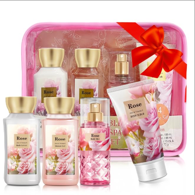 Bath and Body Gift Set for Women & Girls, Rose 4PCS Set for - Shower Gel, Body Lotion, Body Mist, Exfoliating Scrub, Personal Portable Body Care Travel Set