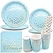 INHEMING Platos Fiesta Oro Azul 80 Piezas Juego de Vajilla Desechable Incluye Platos Servilletas Vasos Pajitas de Papel para Cumpleaños Baby Shower Niño Aniversarios Compromiso (20 Invitados)