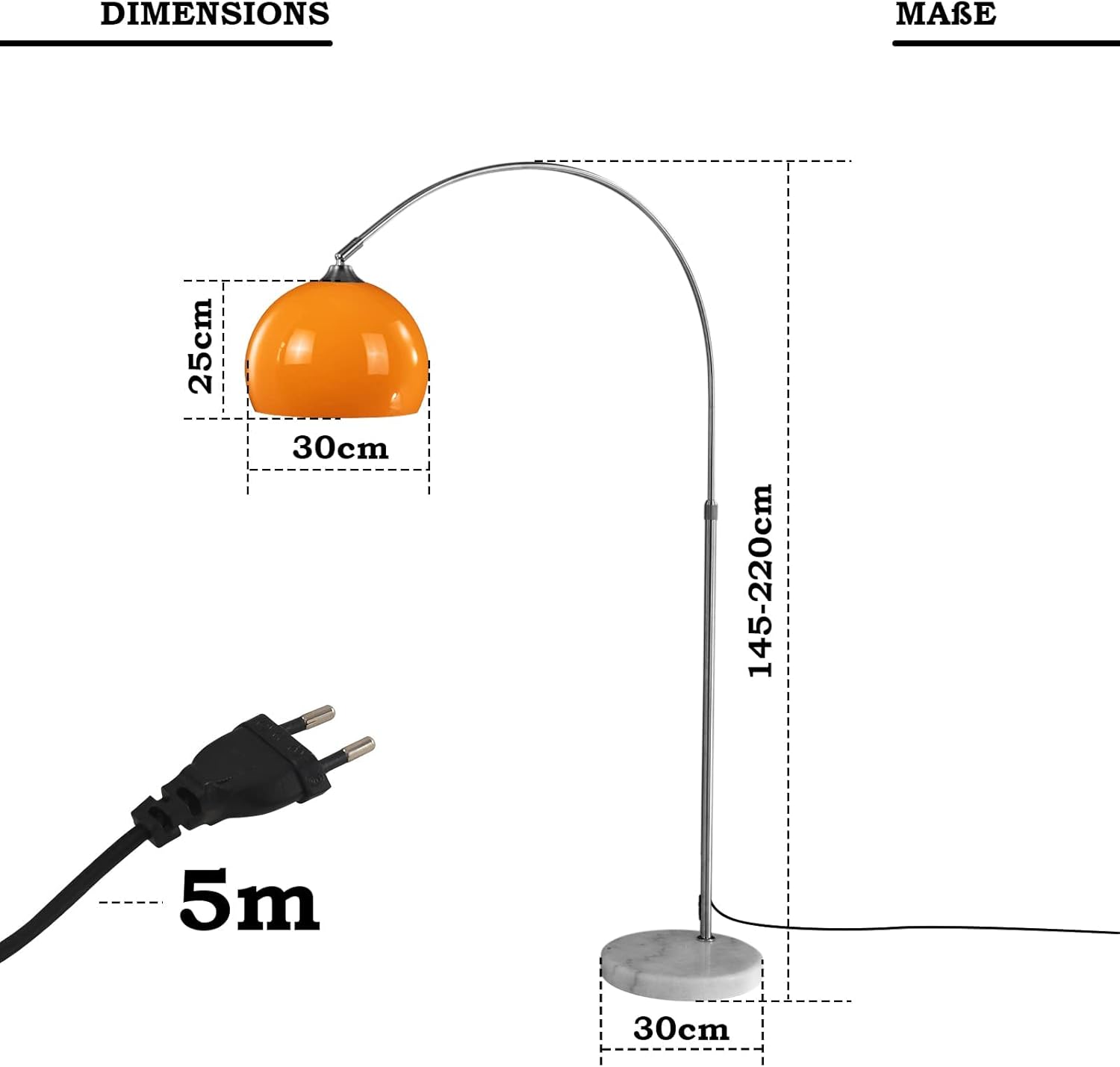 Jago® Lampadaire sur Pied - Réglable en Hauteur, avec Arc, Pivotant, Économe en Énergie avec 60W (avec Ampoule Standard E27) ou 8W (avec Ampoule LED E27), Blanc - Lampe de Salon, Intérieur