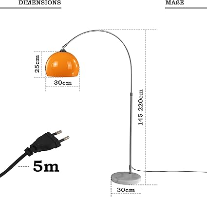 Jago Jago® Boogvloerlamp - E27 1 x Max. 60W vereist of LED-dimbaar, verstelbare hoogte (145-220 cm), draaibare kop, retro-design, oranje - staande lampen, vloerlampen voor woonkamer, slaapkamer, kantoor photo 3