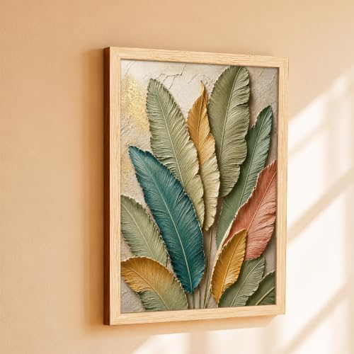 Image of PAINTINGMANTRA Textured Embossed Leaf Framed Wall Art Painting for Wall Decoration, Multi-Color Feather & Leaf Motifs Poster with frame for Living room, bedroom, Home and office, 10x13 Inch