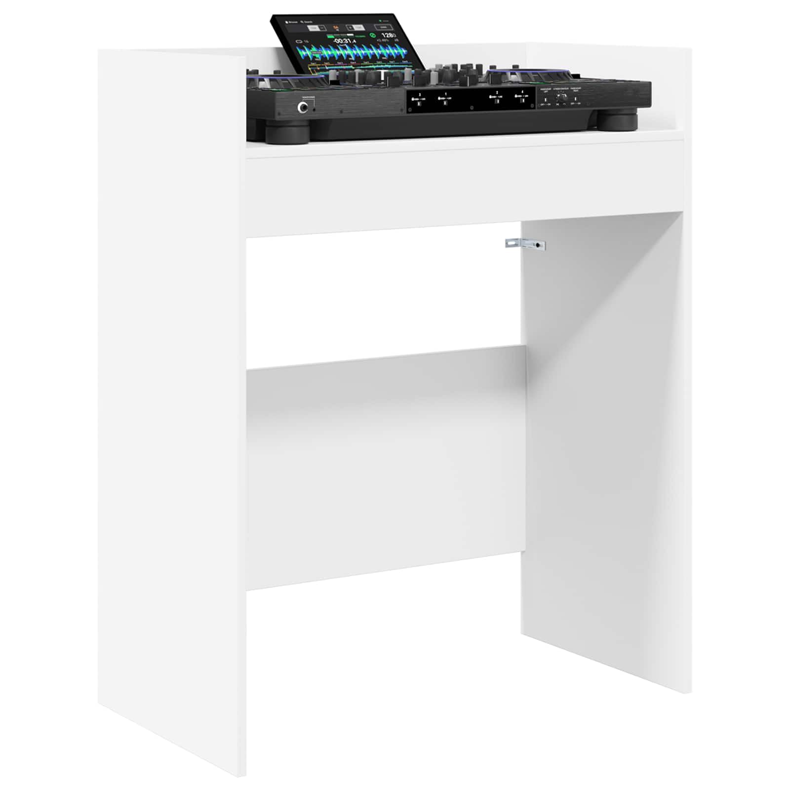 vidaXL Tavolo da DJ bianco, 82 x 45 x 102 cm, in legno di ingegneria, tavolo DJ a forma di U, spazio moderno ed ergonomico, attrezzatura audio multifunzionale, stazione professionale