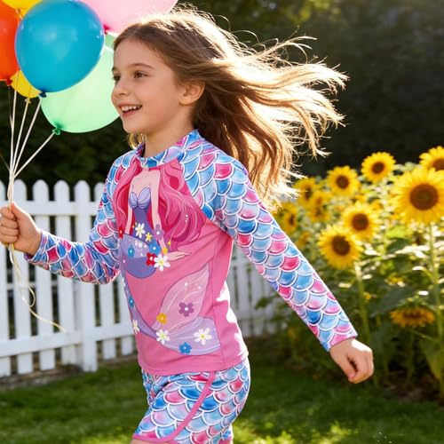 Image of Vogseek 4-10T Girls Rashguard 2 Pieces Long Sleeve Swimsuit Swimwear with Shorts