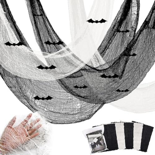 Tecido decorativo de Halloween, conjunto de tecido assustador para interior e exterior, decorações de tecido assustador de Halloween, tecidos brancos e pretos com autocolantes de morcego 3D (3 pretos
