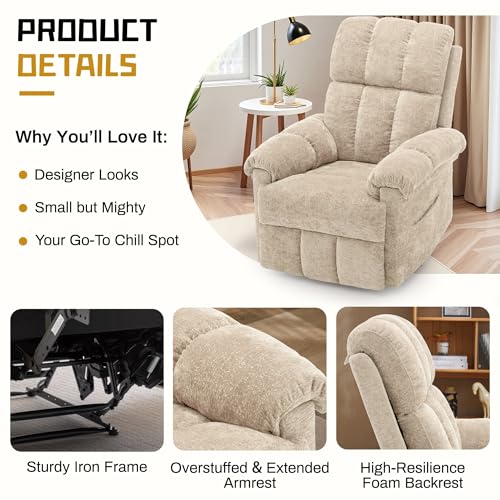 Image of Korser Recliner Chair, Living Room Recliner Chairs for Adults, Small Recliners for Small Spaces, Upholstered Manual Recliner with Side Pockets, Nursery Recliner Chair for Living Room, Chenille, Khaki