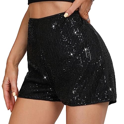 PengFaXin Pantaloncini da donna con paillettes ad alta elasticità in vita tinta unita notte fuori...