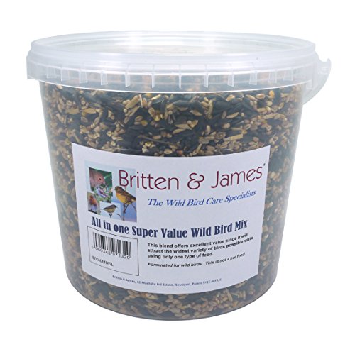 Britten & James® Todo en uno Super Value Wild Bird Mix con Girasol Extra en una bañera con Cierre hermético de 5 litros. Atraerá la Mayor Variedad Posible de Aves con Solo un Tipo de alimento.