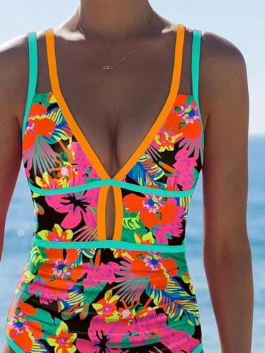 Image of popvil Women One Piece Swimsuit 2026 Tummy Control Sexy Cutout Neon Color Block Bathing Suit Slimming Adjustable Swimwear