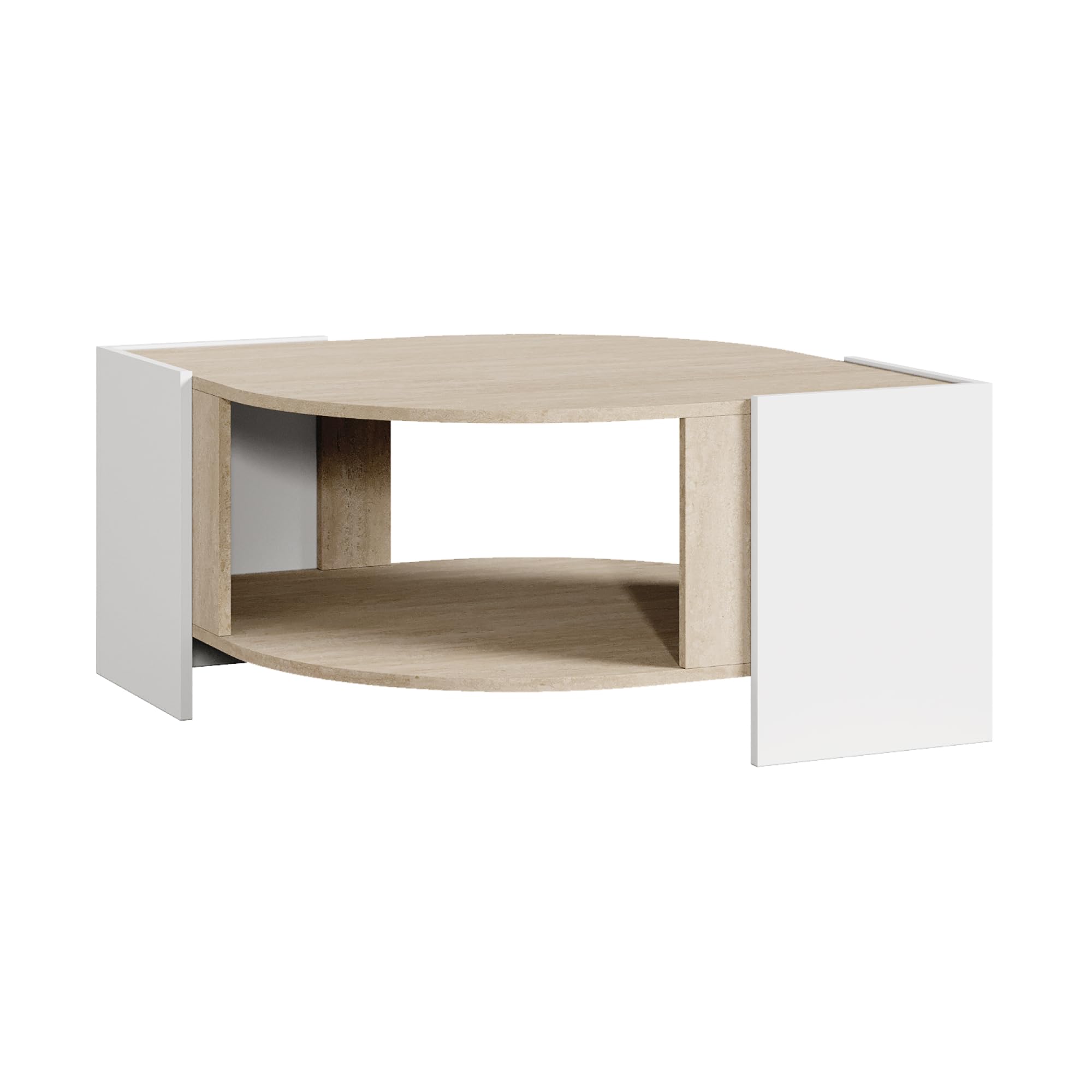 [en.casa] Tavolino Centrale da Salotto con Piano Curvo Tavolo Basso da Caffè con Ripiano Vano Aperto per Soggiorno Living Studio 75 x 75 x 40 cm - Bianco/Color Avorio Travertino
