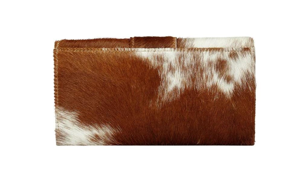 Image of Myra Bag Crocheted Cowhide Wallet - 7.5x4 Cow Print Wallets for Women, Brown and White Clutch, Long, Leather, Western Cowprint, Boho Style, Country Stuff, Cowgirl Gifts for Women, Mom, Sister, Aunt