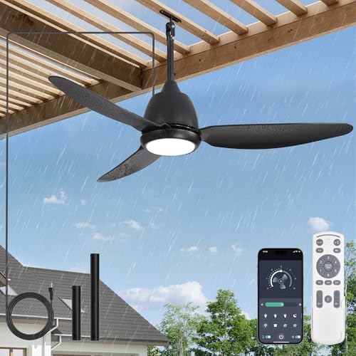 Fanbulous 42' Outdoor Ceiling Fan with Light, IP65 Waterproof Wet Rated, Plug in Gazebo Fan with 10FT Cord, Smart APP & Remote, 6-Speed Reversible DC Motor, 3CCT Dimmable LED for Patio Porch (Black)