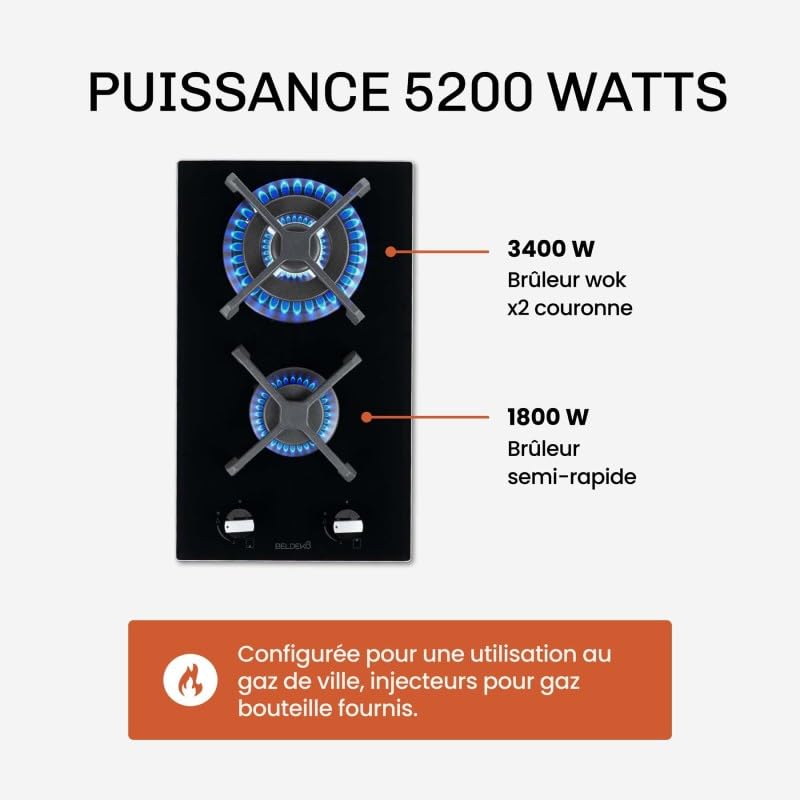 BELDEKO Plaque Gaz 2 Feux Domino 5200W Double Couronne - Marque Française