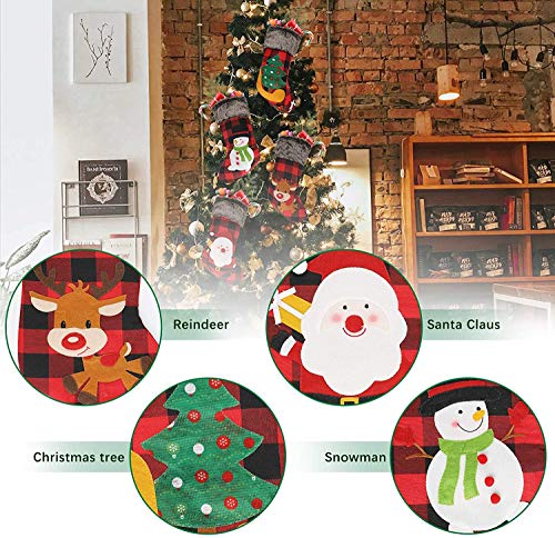 DELUX Christmas Stockings 4Pack 18\'\' Large Xmas Stockings Hand-Knitted Burlap Plaid Style Santa Claus, Reindeer Snowflakes Christmas Tree Decoration and Family Holiday Season Decor (Red)