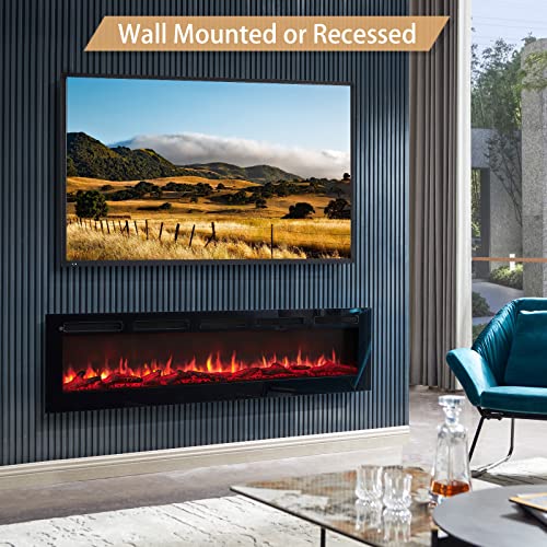 FlameKo Wilton 70"/178cm Electric Fireplace, Wall Mounted, Recessed, 9 Colour Flame Effect, Media Wall Compatible, 900W - 1800W Heater, Remote Control