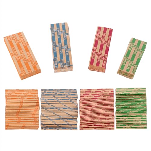 Coin Wrappers for All Coins 500 Flat Coin Rolls Wrappers Assorted, Including 200 Quarter Rolls Wrappers and 100 of Each Dime, Nickel, Penny Wrappers