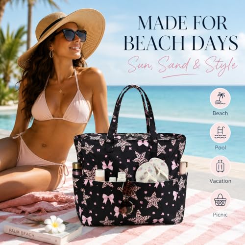 Image of LEDAOU Large Beach Bag Women Waterproof Sandproof Zipper Beach Tote Pool Bag for Swim Gym Grocery Travel with Wet Pocket