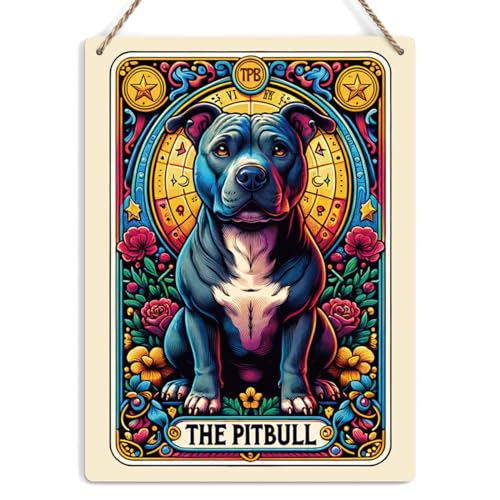 Funny Pitbull Tarot Card Wall Art Decor Rustic Hanging Sign, Sarcastic Dog Lover Witchy Vibes Witch Stuff Wiccan Witchcraft Supplies, Farmhouse Wall Hanging Sign, Wooden Sign for Home Office Bathroom